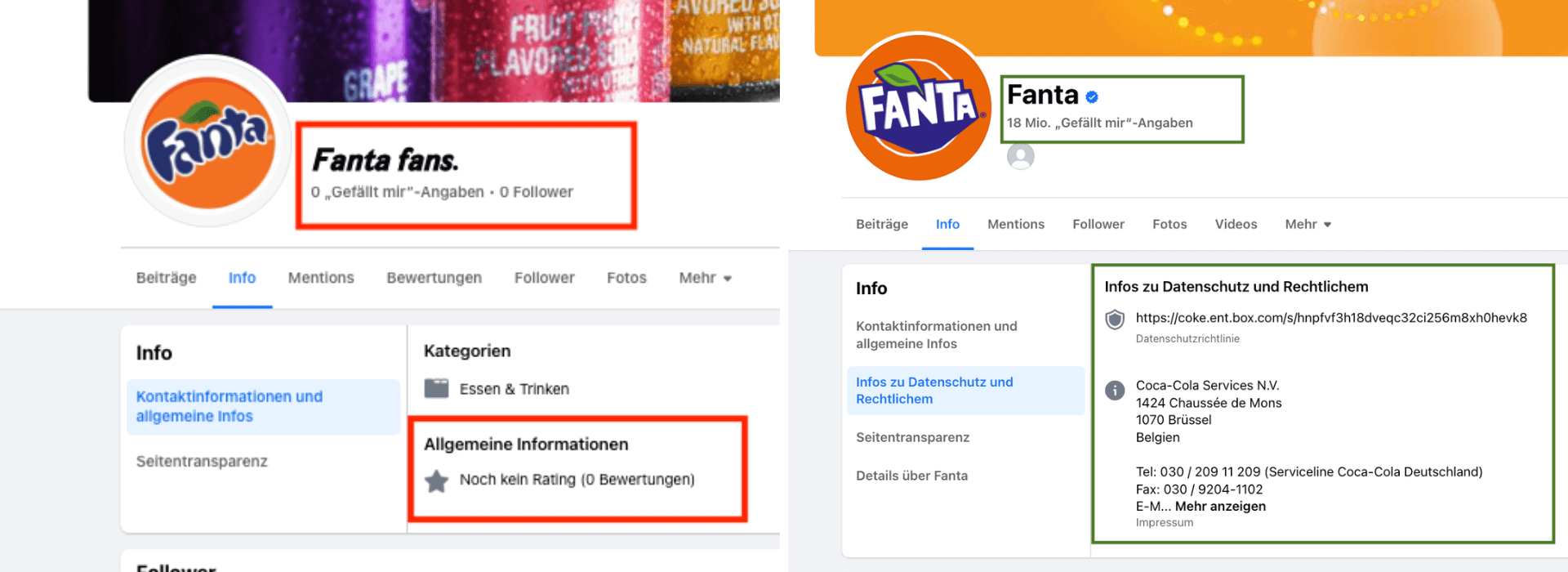 Links die gefälschte Fanta-Facebook-Seite, rechts die echte: Details wie ein Impressum, Follower-Anzahl oder der blaue Haken verraten schnell, ob ein Profil glaubwürdig ist. (Quelle: Facebook; Screenshots und Markierungen: CORRECTIV.Faktencheck)