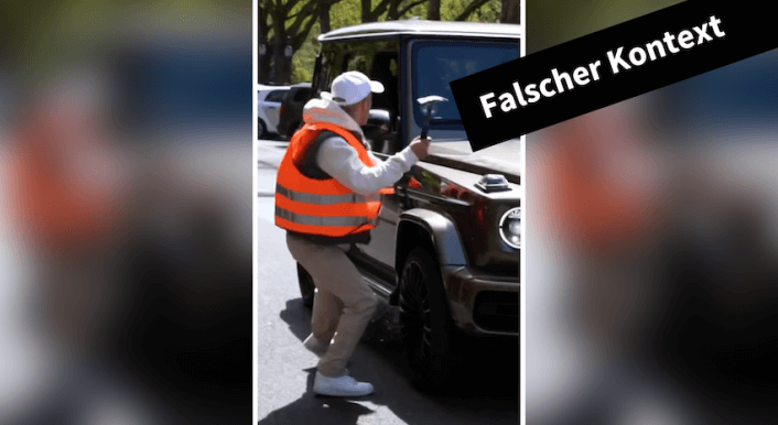 Ein Bildausschnitt aus einem Video, dabei ist zu sehen, wie ein Mann in Warnweste drauf und dran ist, mit einem Hammer auf ein Auto zu schlagen.