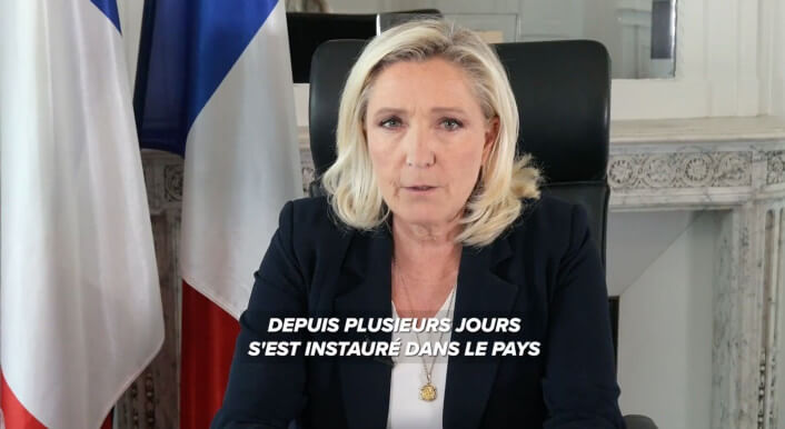 Marine Le Pen hielt am 30. Juni eine Ansprache. Davon gibt es falsche Berichte im Netz.