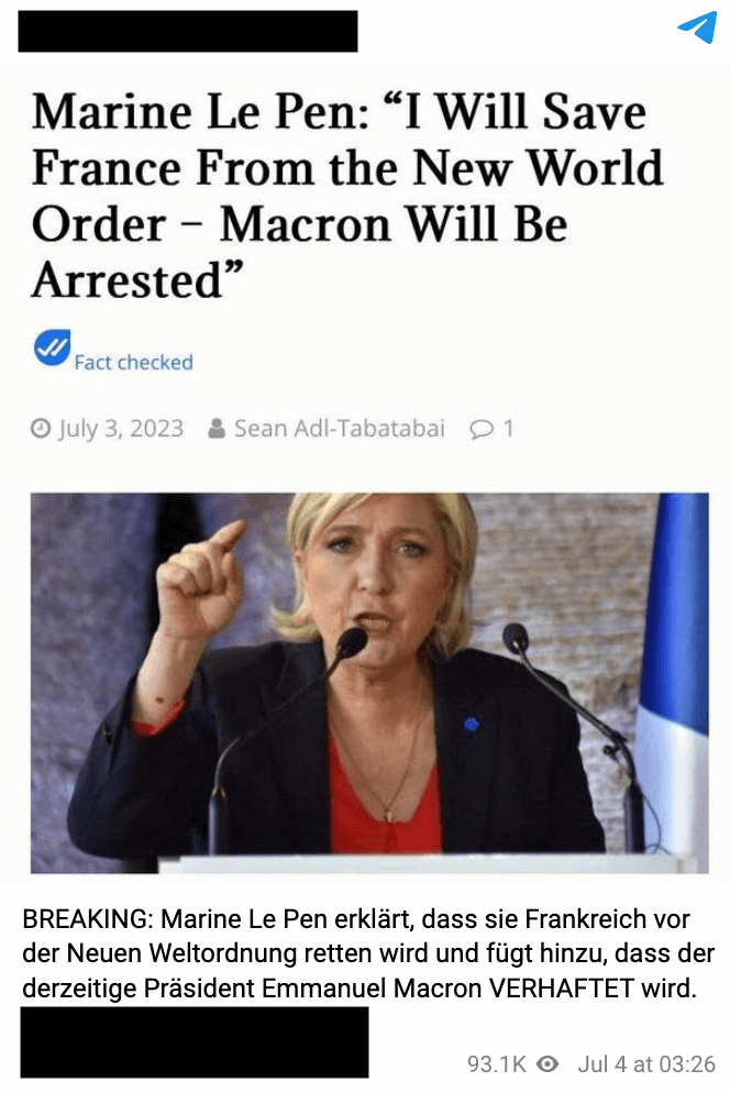 Marine Le Pen hielt am 30. Juni eine Ansprache. Davon gibt es falsche Berichte im Netz.
