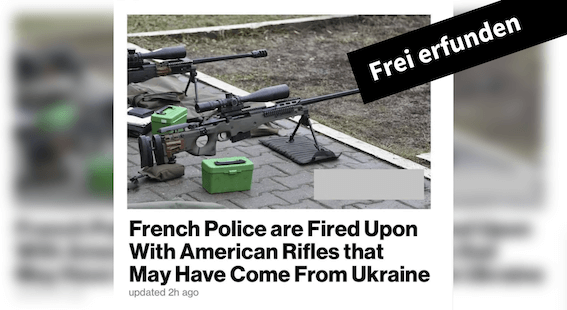 Angeblicher Screenshot von einem gefälschten Artikel. Laut der englischsprachigen Schlagzeile werden französische Polizisten mit amerikanischen Waffen beschossen, die möglicherweise aus der Ukraine kommen. Auf dem Bild steht Frei erfunden als Bewertung.