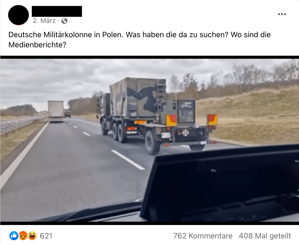 Auf Facebook verbreitet ein Nutzer dieses Video eines Bundeswehrkonvois. Mit Kriegsvorbereitungen Deutschlands hat das jedoch nichts zu tun