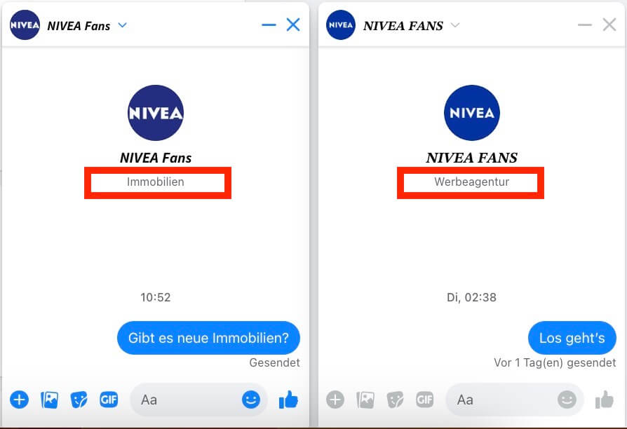 Zwei Facebook-Chatfenster nebeneinander – von den gefälschten Nivea-Seiten kommt keine Antwort
