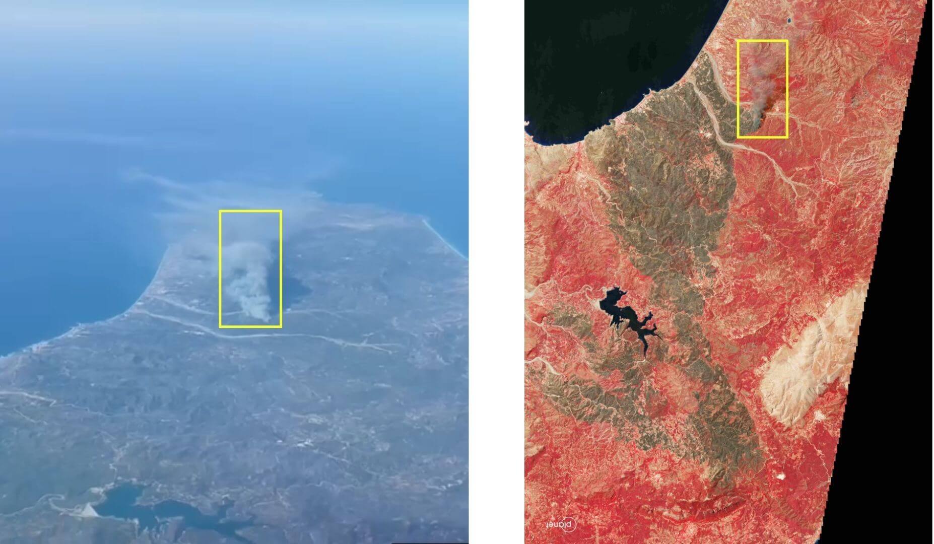 Das Video (links) zeigt das gleiche Feuer, wie es auch Planet Lab PBC in einer Satellitenaufnahme (rechts) am 25. Juli 2023 eingefangen hat