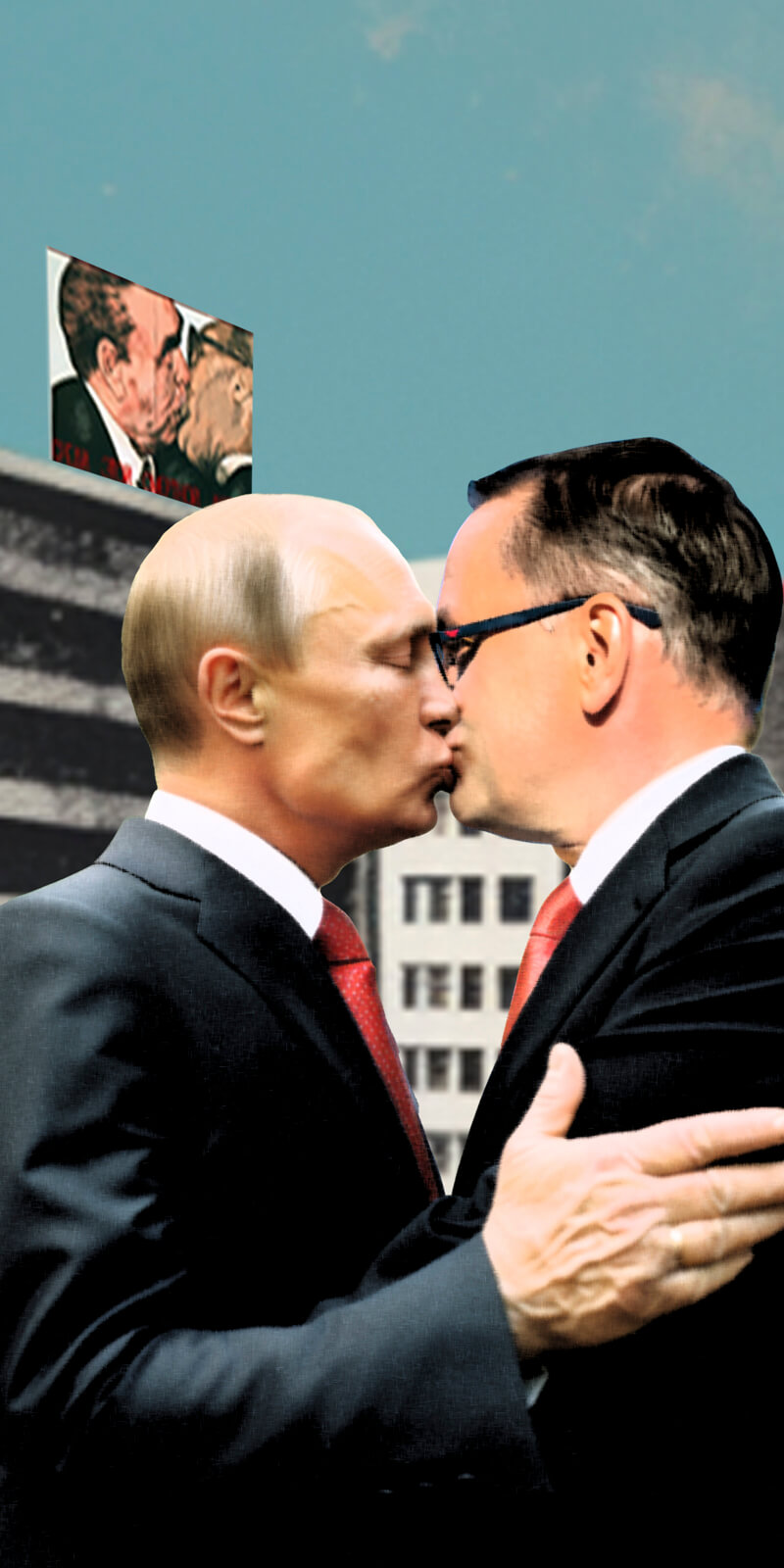Die Collage zeigt einen Bruderkuss zwischen Putin und dem AfD-Bundessprecher Tino Chrupalla. Im Hintergrund ist das Gemälde des Bruderkusses zwischen Breschnew und Honecker zu sehen.