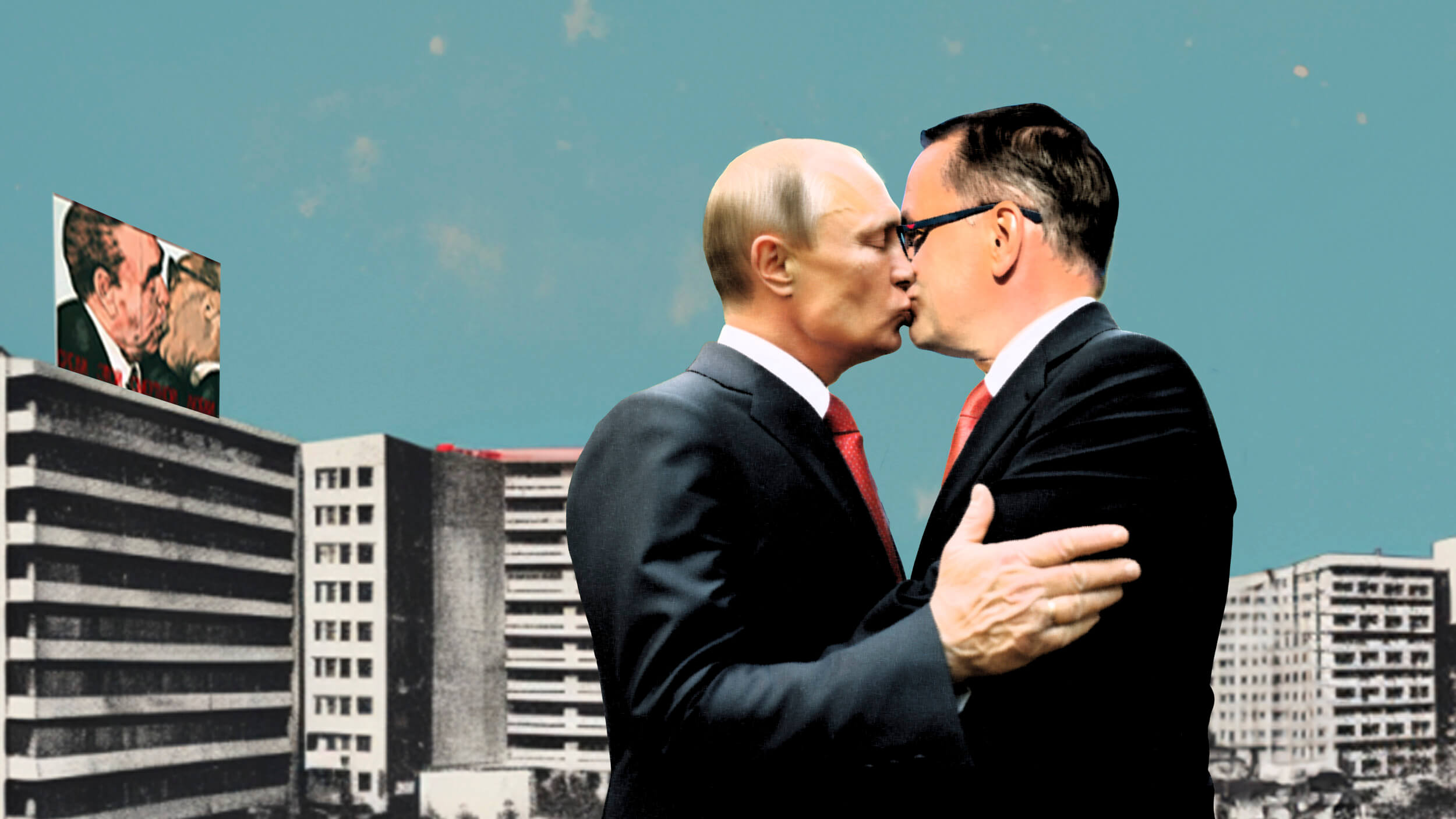 Die Collage zeigt einen Bruderkuss zwischen Putin und dem AfD Chrupalla