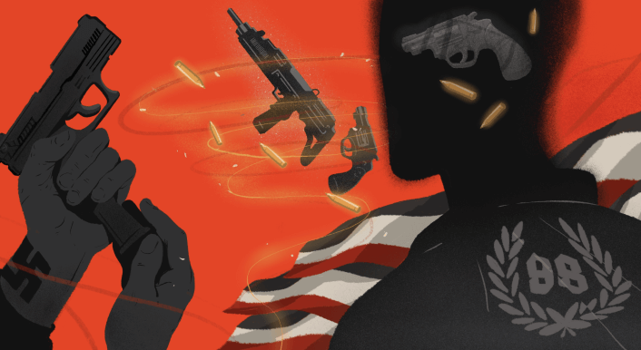 Illustration, die stilisiert Rechtsextreme mit Waffen zeigt