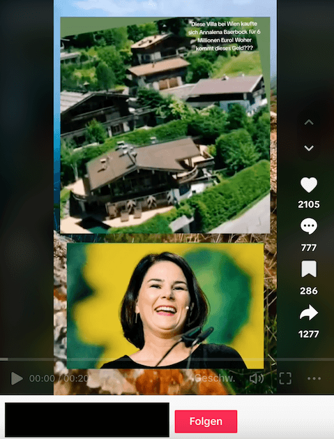 In einem Tiktok-Beitrag werden das Foto einer Villa und ein Foto von Annalena Baerbock gezeigt.