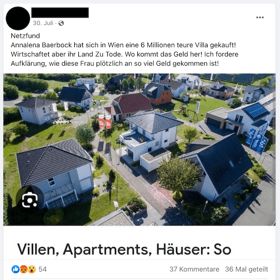 Ein Facebook-Beitrag in dem eine Häusersiedlung gezeigt wird, dazu heißt es, Annalena Baerbock habe eine 6 Millionen Euro teure Villa in Wien gekauft.