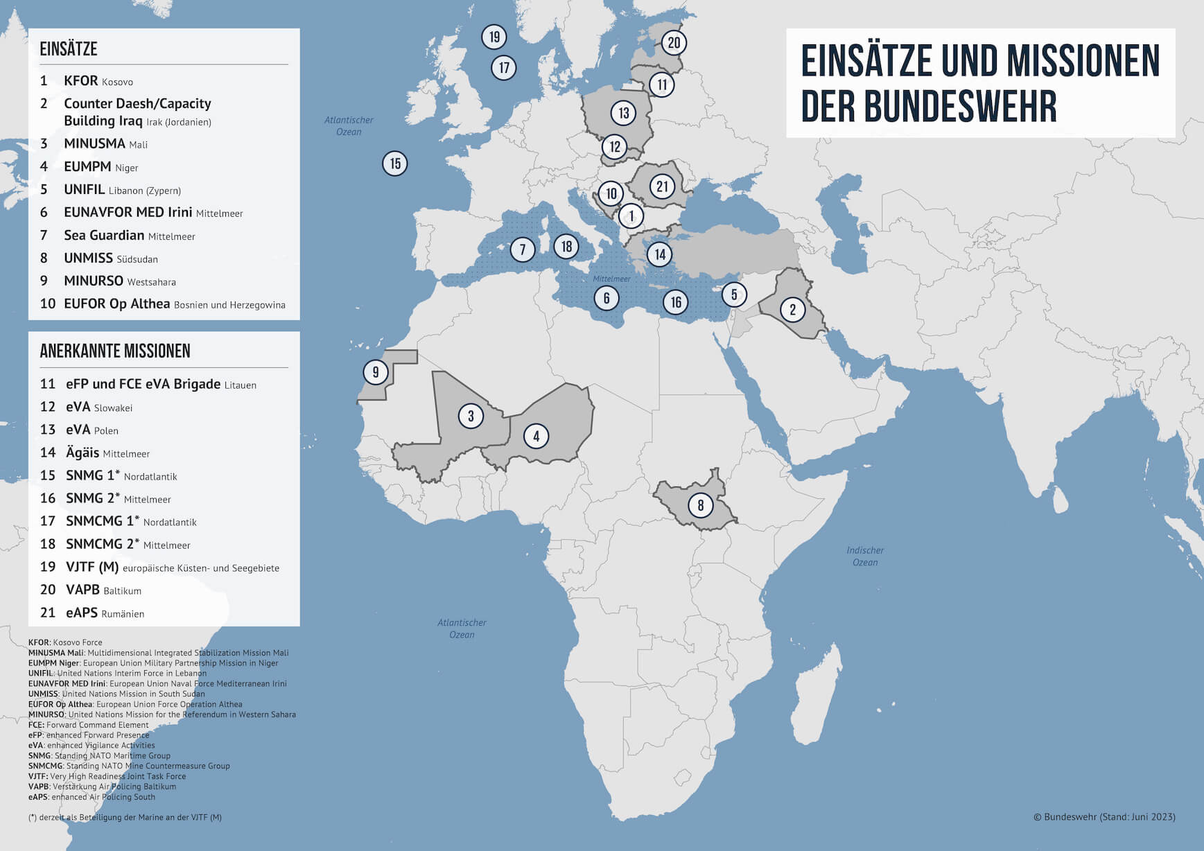 Karte von Europa und Afrika auf der Länder markiert sind, in denen die Bundeswehr derzeit Einsätze und Missionen hat
