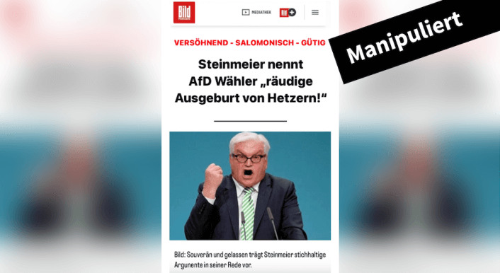 Ein Screenshot zeigt einen gefälschten Bild-Artikel, darüber ist ein Label, auf dem "manipuliert" steht.