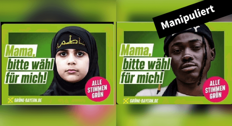 Wahlplakate der Grünen in Bayern wurden gefälscht (Quelle: Facebook; Screenshot und Collage: CORRECTIV.Faktencheck)