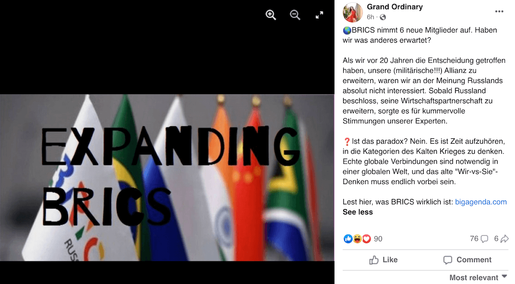 Ein Facebook-Beitrag, in dem es um die BRICS-Staaten geht, er beinhaltet auch einen Link mit der Adresse Bigagenda.com.
