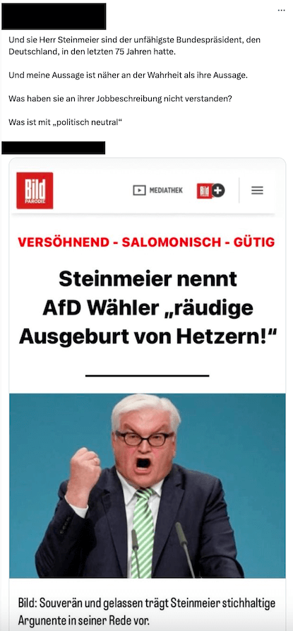 Ein gefälschter Bild-Artikel, in dem es heißt, Steinmeier habe AfD-Wähler eine "räudige Ausgeburt von Hetzern" genannt.