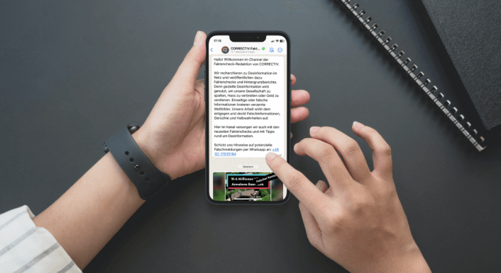 Ab sofort gibt es die neuesten Faktenchecks und Hintergrundberichte von CORRECTIV.Faktencheck tagesaktuell im Whatsapp-Kanal (Symbolbild: Symbolbild: Canva; Collage: CORRECTIV.Faktencheck)