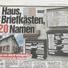 Ein Screenshot einer Zeitungsseite der Bildzeitung. Darauf sind mehrere Briefkästen mit vielen Namensschildern zu sehen, die Schlagzeile lautet: 1 Haus, 3 Briefkaesten, 120 Namen.