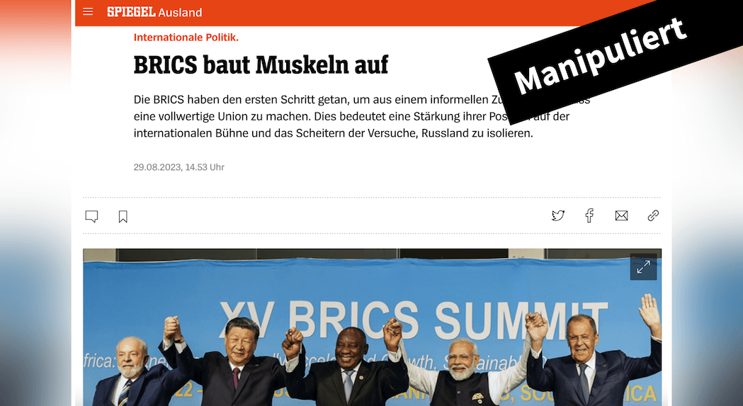 Eine Seite, die aussieht, wie die des Spiegel veröffentlichte einen Text mit dem Titel "BRICS baut Muskeln auf"