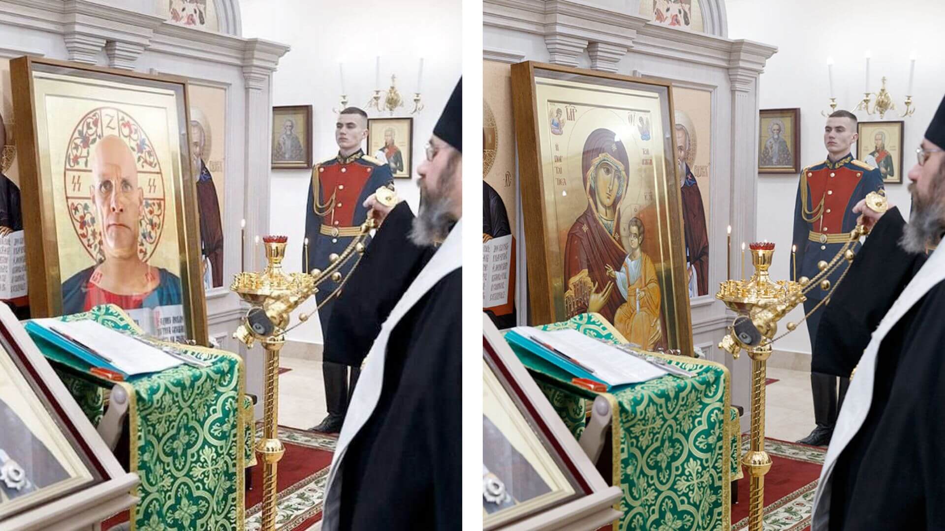 Die Montage mit Utkin (links) im Vergleich zum Originalfoto (rechts), das 2020 aufgenommen wurde (Quelle: X / mil.ru; Screenshot und Collage: CORRECTIV.Faktencheck)
