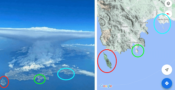 Links das Foto aus dem Telegram-Beitrag, rechts ein Screenshots von Google Maps. Der Vergleich zeigt: Die Umrisse auf der Insel links sind jene von Mallorca.