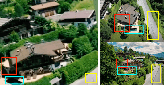 Drei Fotos von einem Haus aus unterschiedlichen Perspektiven. Details, die sich überschneiden, sind markiert.
