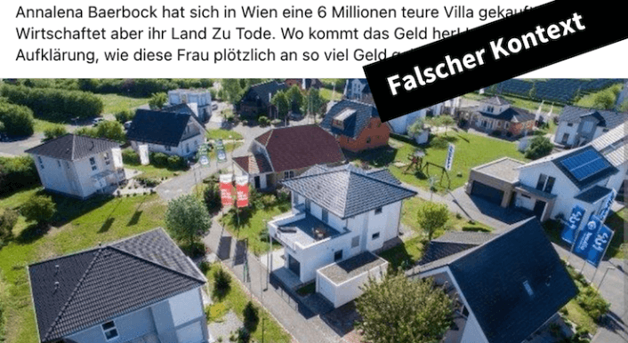 Ein Facebook-Beitrag zeigt ein Haus, dazu heißt es, Annalena Baerbock habe es um 6 Millionen Euro in Wien gekauft.