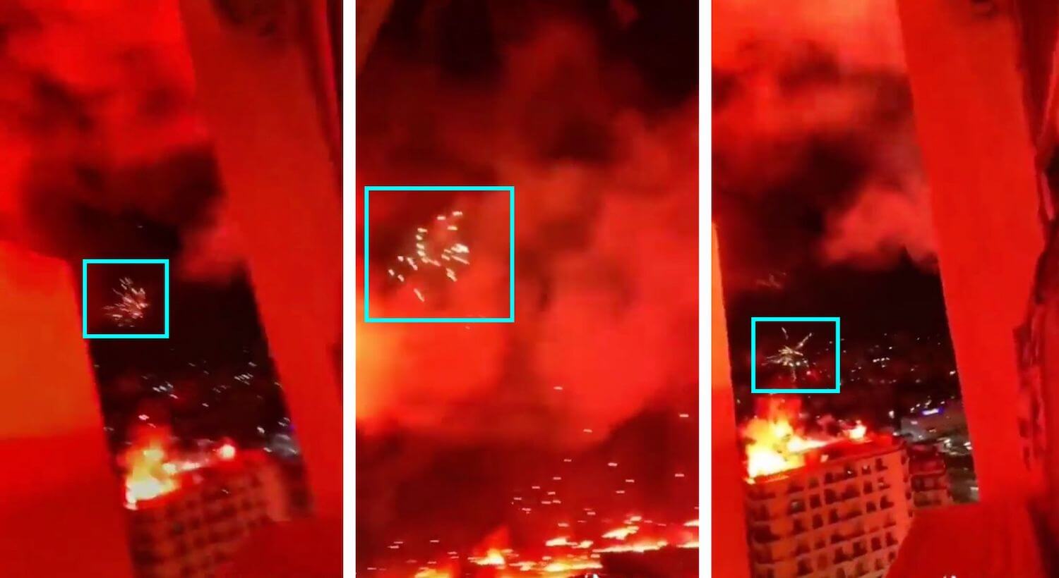 Immer wieder sind in dem Video die Lichtblitze von Feuerwerk zu erkennen (Quelle: X; Screenshots, Collage und Markierungen: CORRECTIV.Faktencheck)