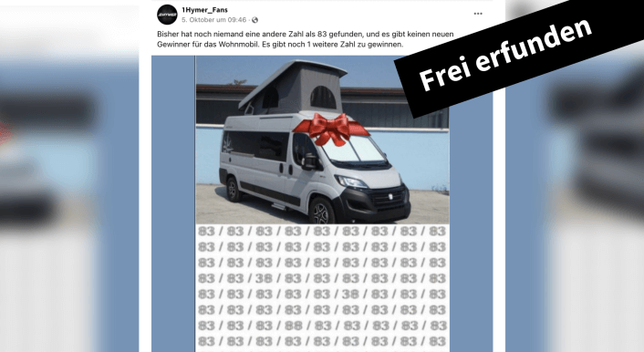 Auf Facebook versucht ein dubioser Accounts Nutzende zur Teilnahme an einem Hymer-Gewinnspiel zu verleiten