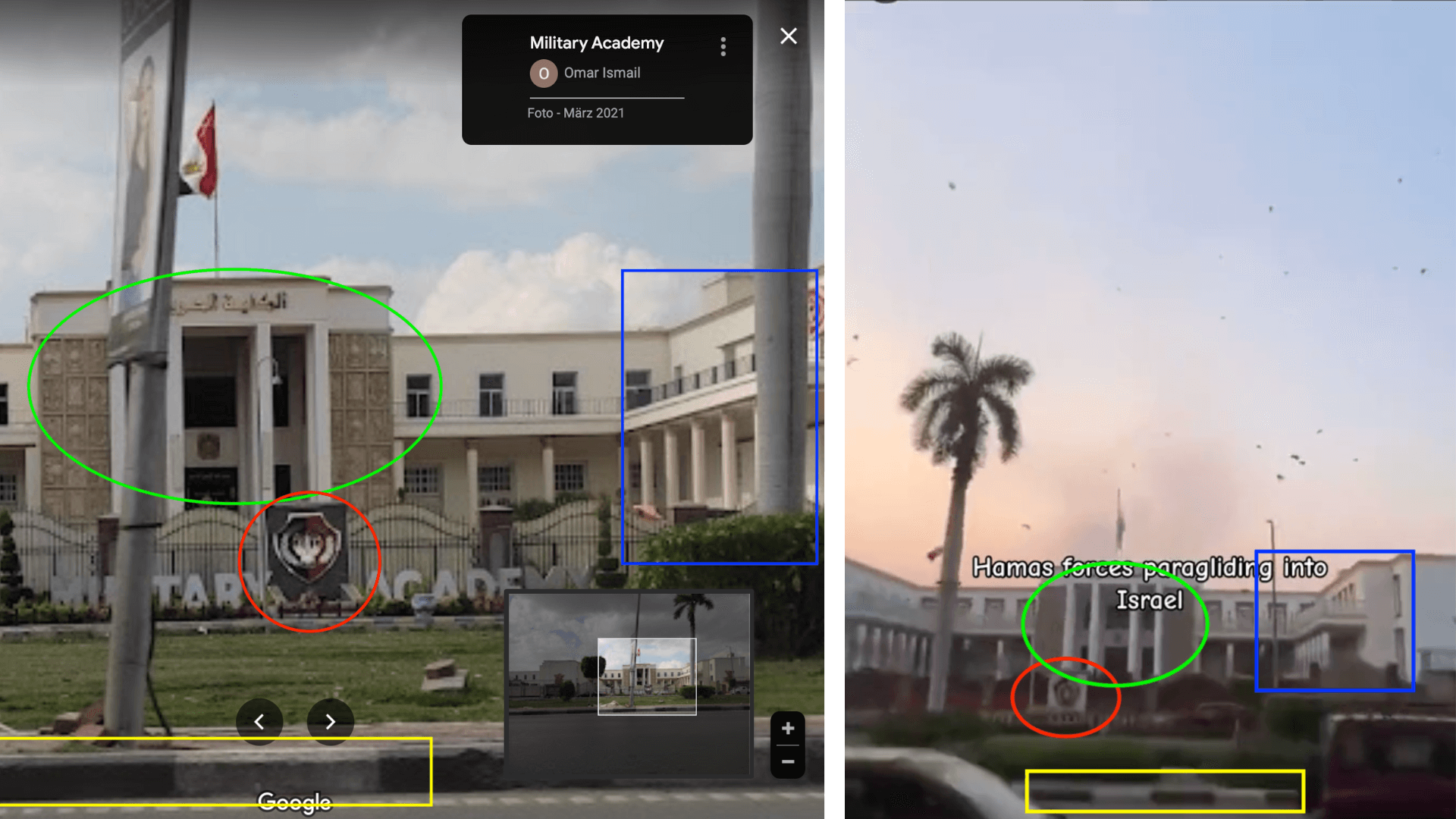 Aufnahme der Militärakademie in Kairo aus dem Jahr 2021 bei Google Maps (links) und der Ausschnitt aus dem Tiktok-Video (rechts). Der Vergleich zeigt: Es handelt sich um dasselbe Gebäude