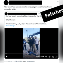 Ein Screenshot zeigt eine Szene, in der ein Kind auf dem Boden liegt. Darüber steht, das sei ein Fake-Video.