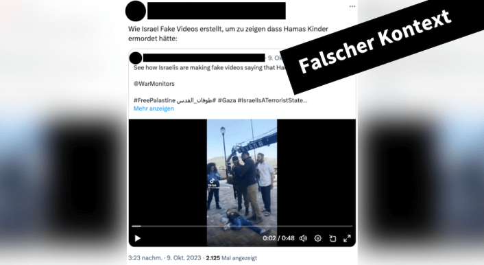 Ein Screenshot zeigt eine Szene, in der ein Kind auf dem Boden liegt. Darüber steht, das sei ein Fake-Video.