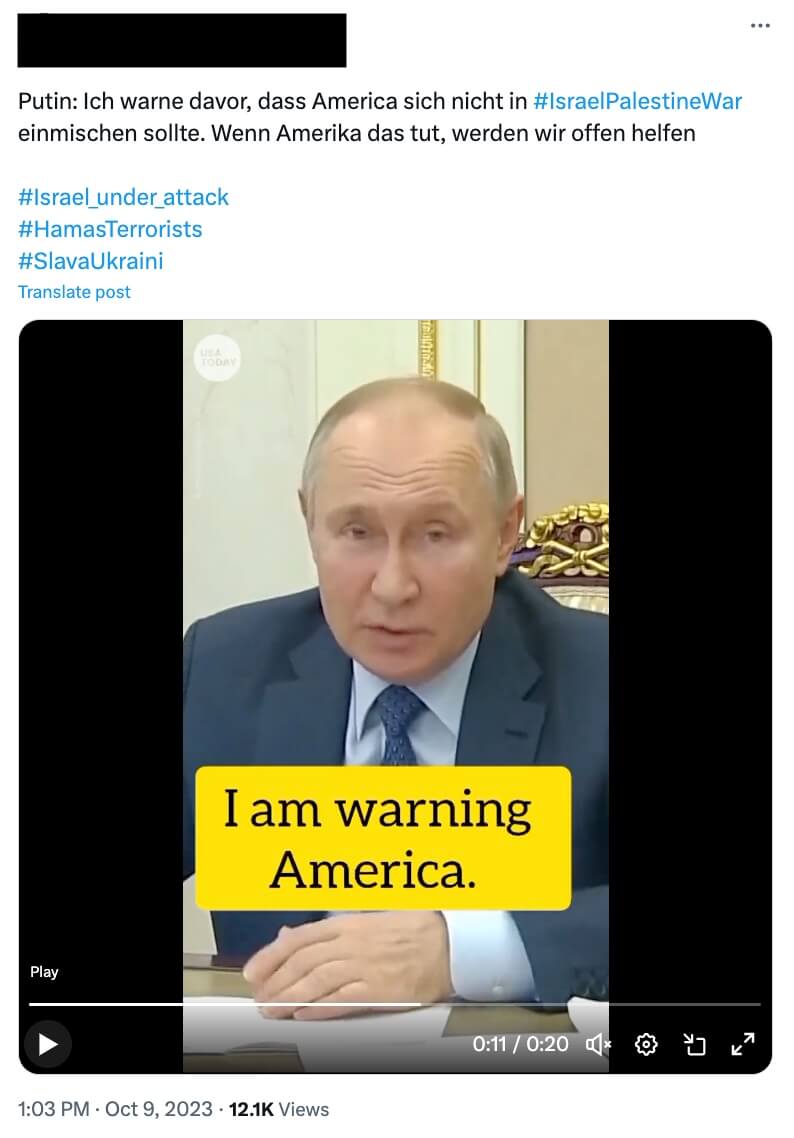 Dieser X-Beitrag teilt ein Video Putins mit falschem Untertitel.