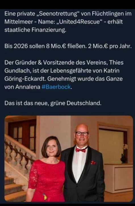 Auf Whatsapp kursiert eine irreführende Behauptung über den Verein United4Rescue zusammen mit einem Foto der grünen Bundestagsabgeordneten Katrin Göring-Eckardt und ihres Lebensgefährten Thies Gundlach