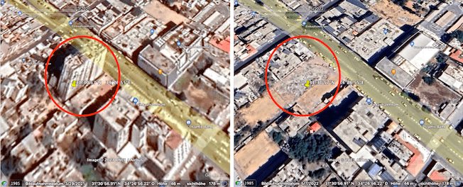 Zwei Satellitenbilder, rechts ist ein Hochhaus zu sehen, links an der selben Stelle nur eine brache Fläche.