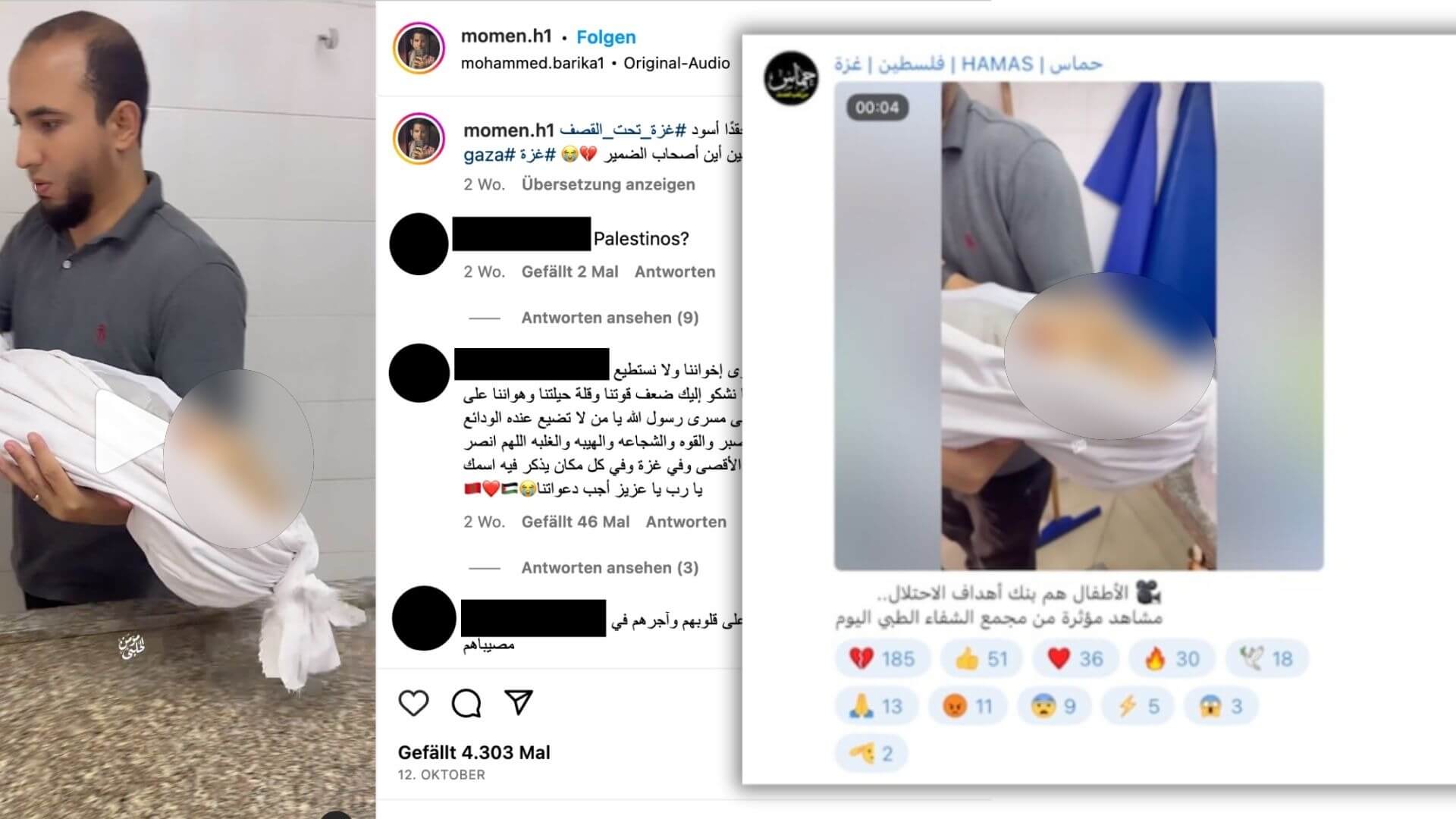 Collage aus zwei Screenshots von Instagram und Telegram, beide Bilder zeigen den Mann mit dem Kind im Arm.
