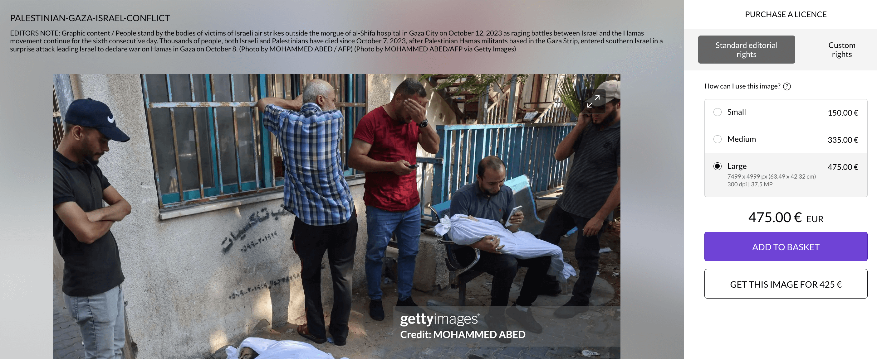 Screenshot der Website von Getty Images, Wasserzeichen im Bild Mohammed Abed. Das Foto zeigt den Mann im grauen Poloshirt mit dem Kind im Arm vor dem Krankenhaus. 