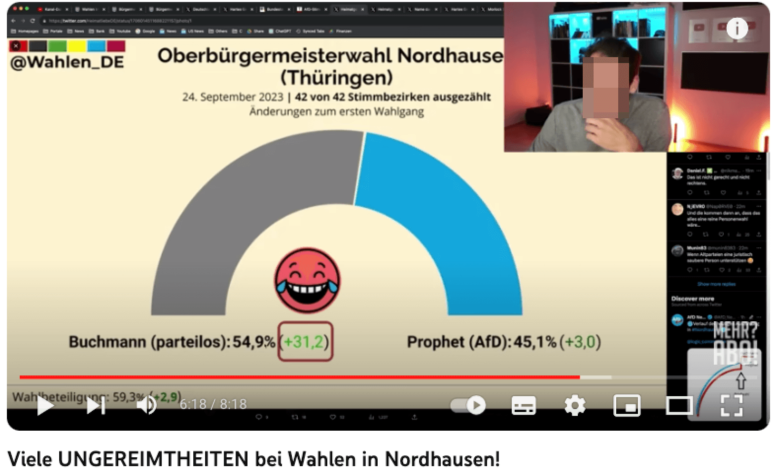 Screenshot aus einem Youtube-Video, zu sehen sind ein Mann und eine Grafik, die Grafik zeigt, dass Buchmann im Vergleich zum ersten Wahlgang 31,2 Prozent zugelegt hat.