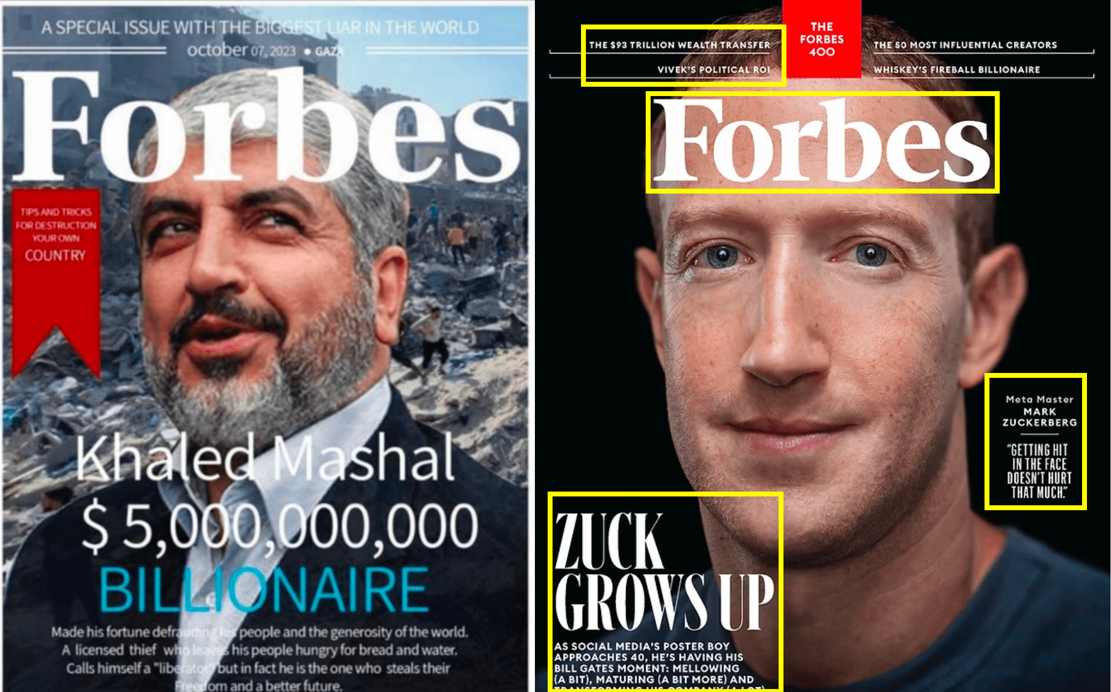 Ein Vergleich des gefälschten Covers (links) mit der aktuellen Ausgabe von Forbes (rechts) zeigt, dass das echte Forbes-Cover anders gestaltet ist 