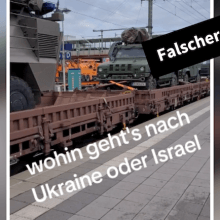 Ein Screenshot aus einem Tiktok-Video, darin sieht man Militärfahrzeuge. Dazu steht: "Wohin geht's, nach Ukraine oder Israel?"
