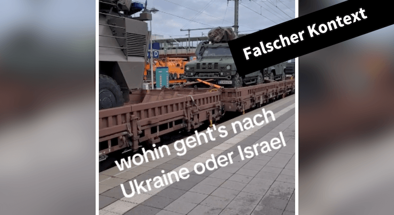 Ein Screenshot aus einem Tiktok-Video, darin sieht man Militärfahrzeuge. Dazu steht: "Wohin geht's, nach Ukraine oder Israel?"