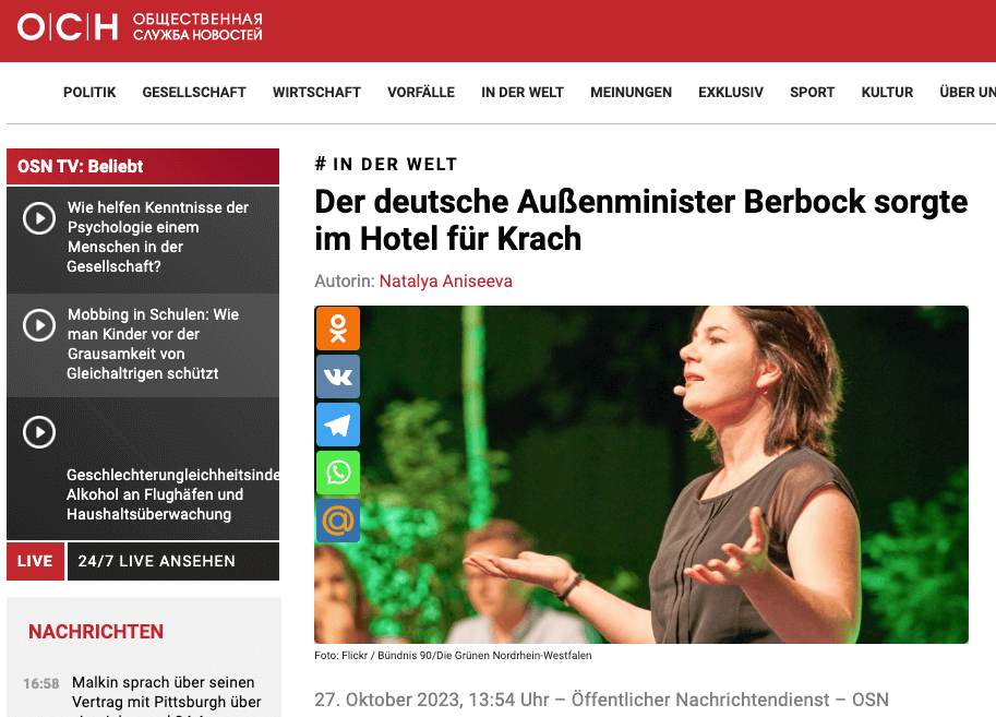 Ein Online-Artikel mit dem Titel: "Die deutsche Außenminister Berbock sorgte im Hotel für Krach"