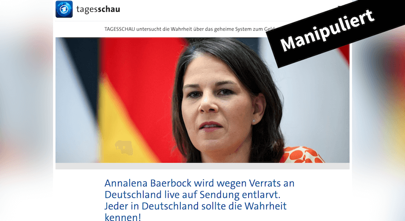 Screenshot aus einem gefälschten Tagesschau-Artikel. Der Titel: „Annalena Baerbock wird wegen Verrats an Deutschland live auf Sendung entlarvt. Jeder in Deutschland sollte die Wahrheit kennen!“