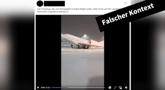 Ein Screenshot eines Facebook-Beitrags, der ein eingeschneites Flugzeug zeigt.