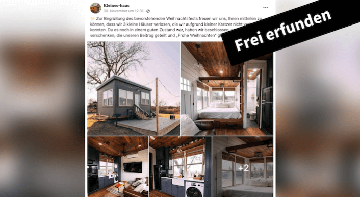 Ein Facebook-Beitrag, in dem angeblich drei Mini-Häuser verlost werden.