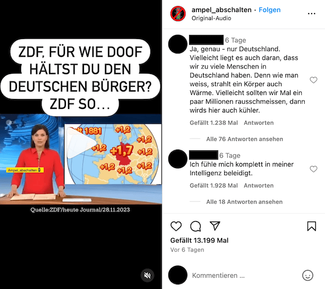 Screenshot eines Instagram-Beitrags. Man sieht die Moderatorin, hinter ihr eine Karte, auf der Deutschland mit 1,7 markiert ist, andere Länder in der Nähe mit 1,2.