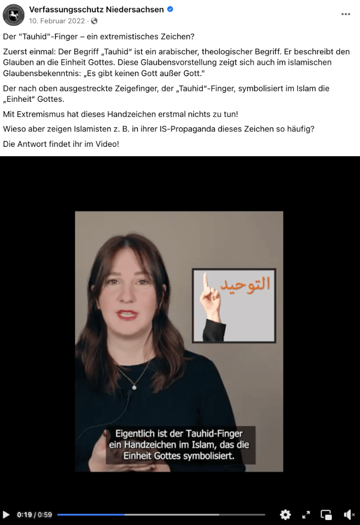 Video des Verfassungsschutzes Niedersachsen auf Facebook zum Tauhid-Finger
