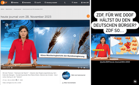 Links ein Screenshot der ZDF-Webseite, rechts ein Screenshot des Instagram-Beitrags.