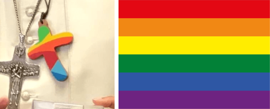 Links ein Ausschnitt des Papst-Fotos, rechts die Regenbogenfalgge. Bei der Kette des Papstes fehlt die Farbe Lila, außerdem sind die Farben anders angeordnet.