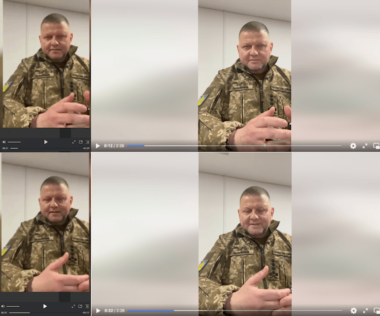 Je zwei Sceenshots aus dem Video, die zeigen, dass die KI-Aufnahme auf dem Facebook-Video von Saluschnyj basiert.