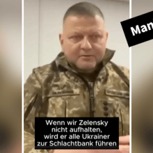 Ein Screenshot aus einem Video. Man sieht General Walerij Saluschnyj, darunter steht: "Wenn wir Zelensky nicht aufhalten wird er alle Ukrainer zur Schlachtbank führen"
