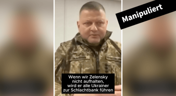 Ein Screenshot aus einem Video. Man sieht General Walerij Saluschnyj, darunter steht: "Wenn wir Zelensky nicht aufhalten wird er alle Ukrainer zur Schlachtbank führen"